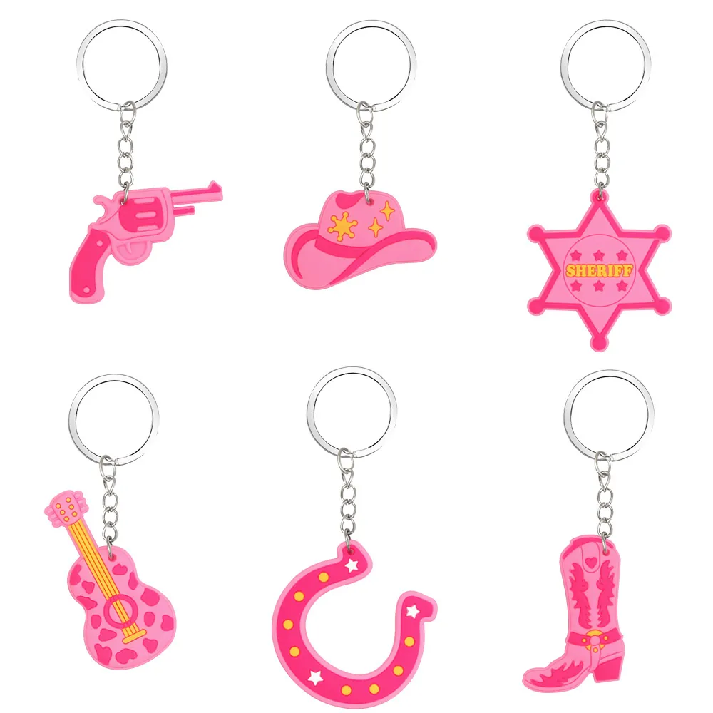 Pink Cowboy Keychain PVC Soft Rubber Guitar Hat Boots Sheriff Star Accessories For Backpack Handbag Cute Cartoon Style