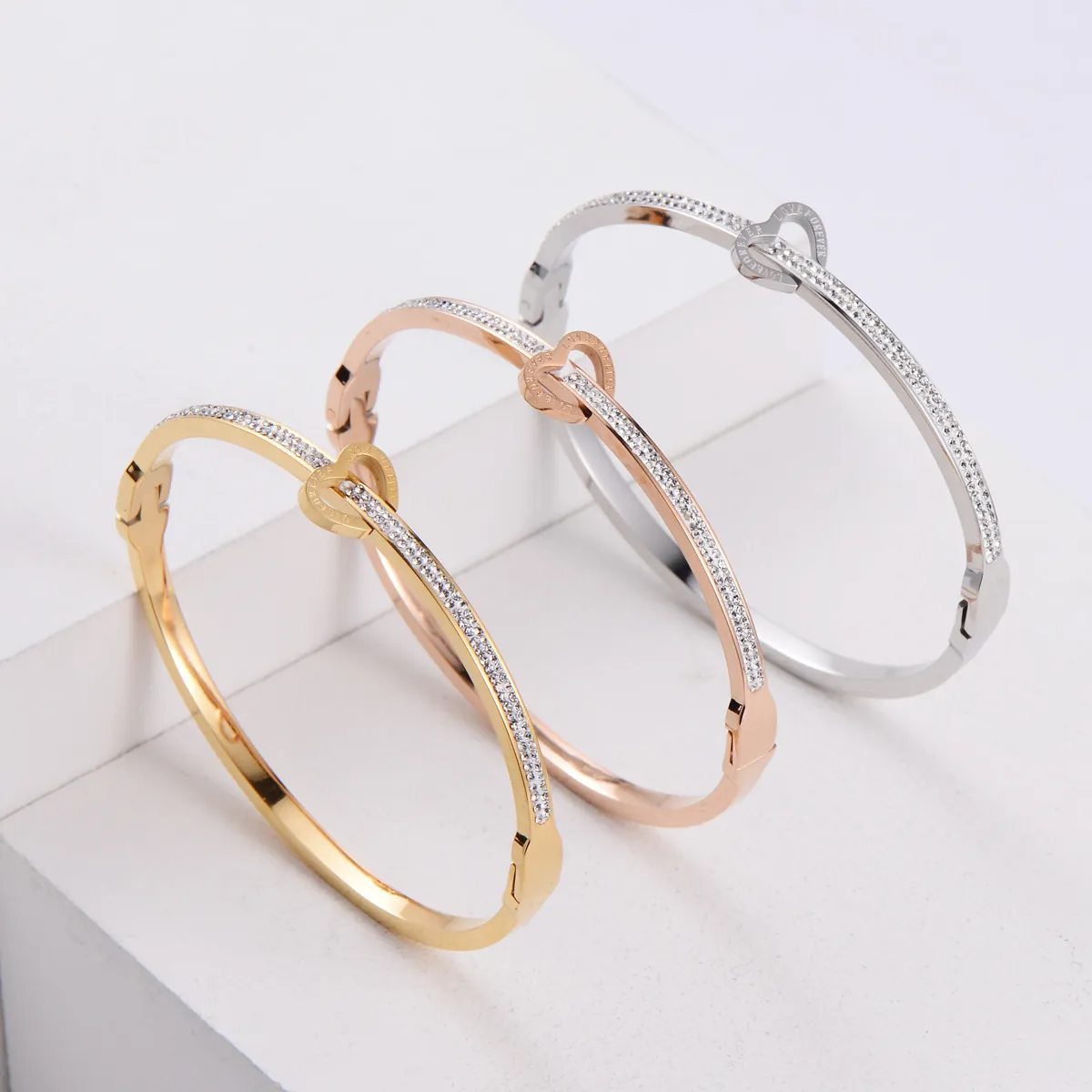 Stainless Steel Heart Interlocking Bangle Bracelet With Cubic Zirconia Love Forever Engraved Romantic Jewelry For Women