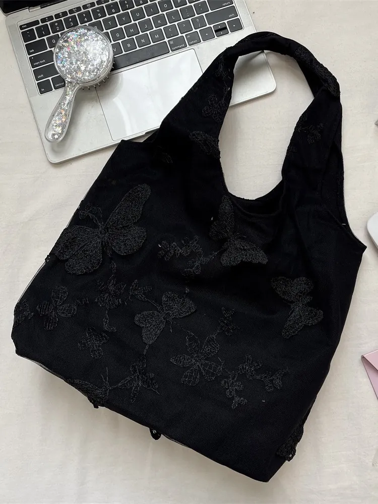 Women 3D Butterfly Lace Embroidery Shoulder Bag Black Polyester Mesh Retro Casual Large Capacity Tote Handbag