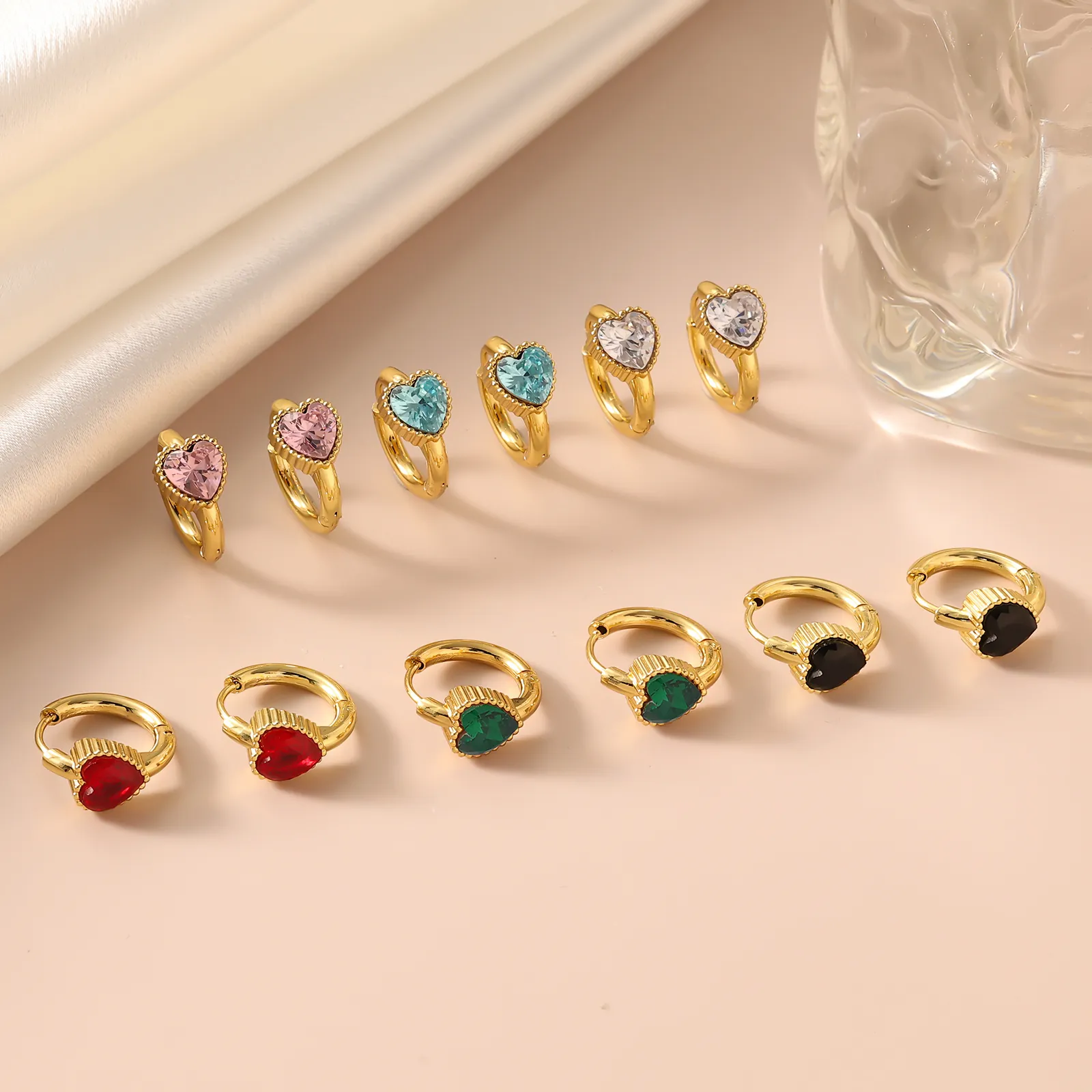 Vintage Heart Zircon Hoop Earrings Stainless Steel Gold Plated Colorful Stone Huggie For Women Luxury Elegant