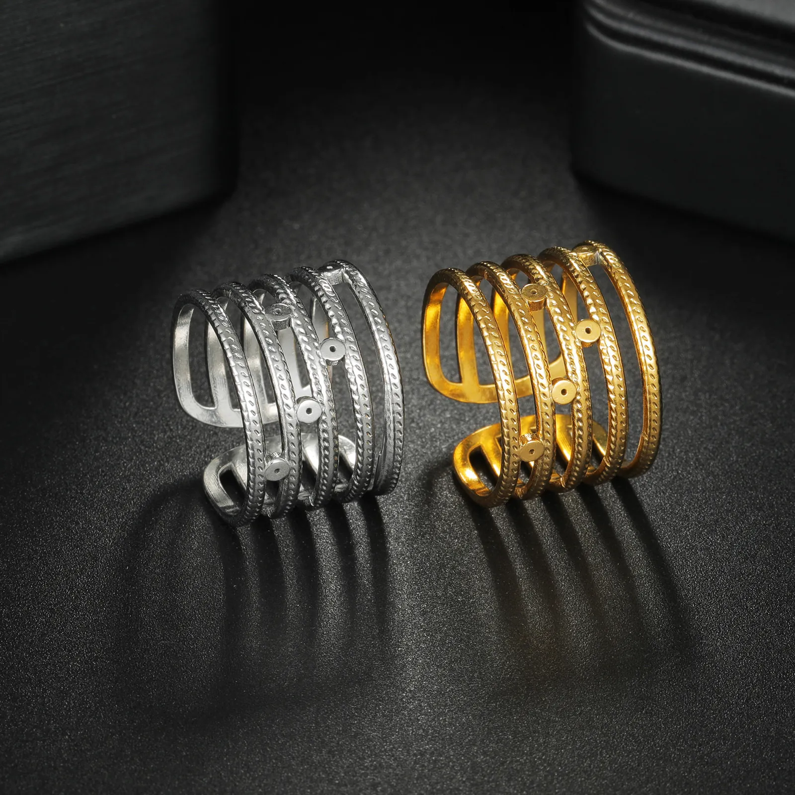 Übertriebener Titanstahl Mehrschichtiger Offener Ring Für Damen Minimalistisch Geometrisch Hohl Metall Verstellbar Fingerring