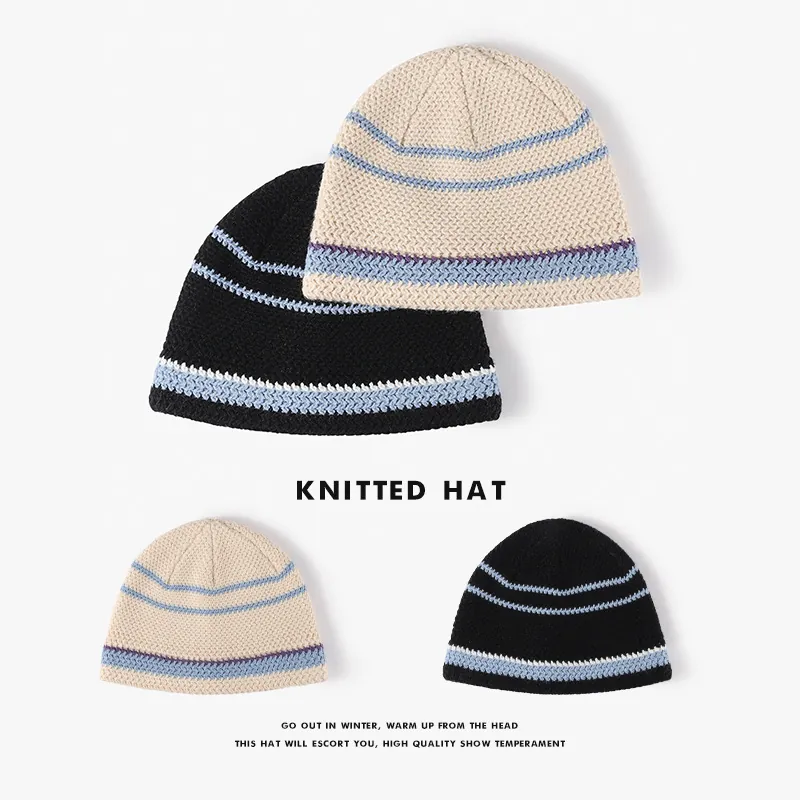 Women Winter Knitted Beanie Hat Striped Pattern Acrylic Warm Windproof Outdoor Casual Skull Cap
