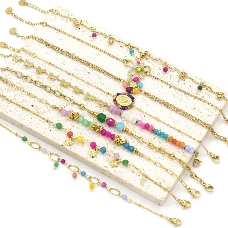 Colorful Natural Stone Bracelet Gold Plated Stainless Steel Adjustable Bohemian Fresh Style For Women Non-Allergic