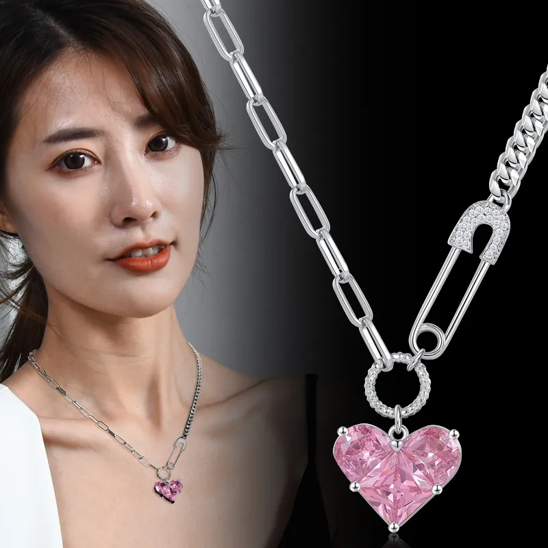 Pink Heart Pendant Necklace Titanium Steel Asymmetric Paperclip Chain Rhinestone Safety Pin Jewelry For Women