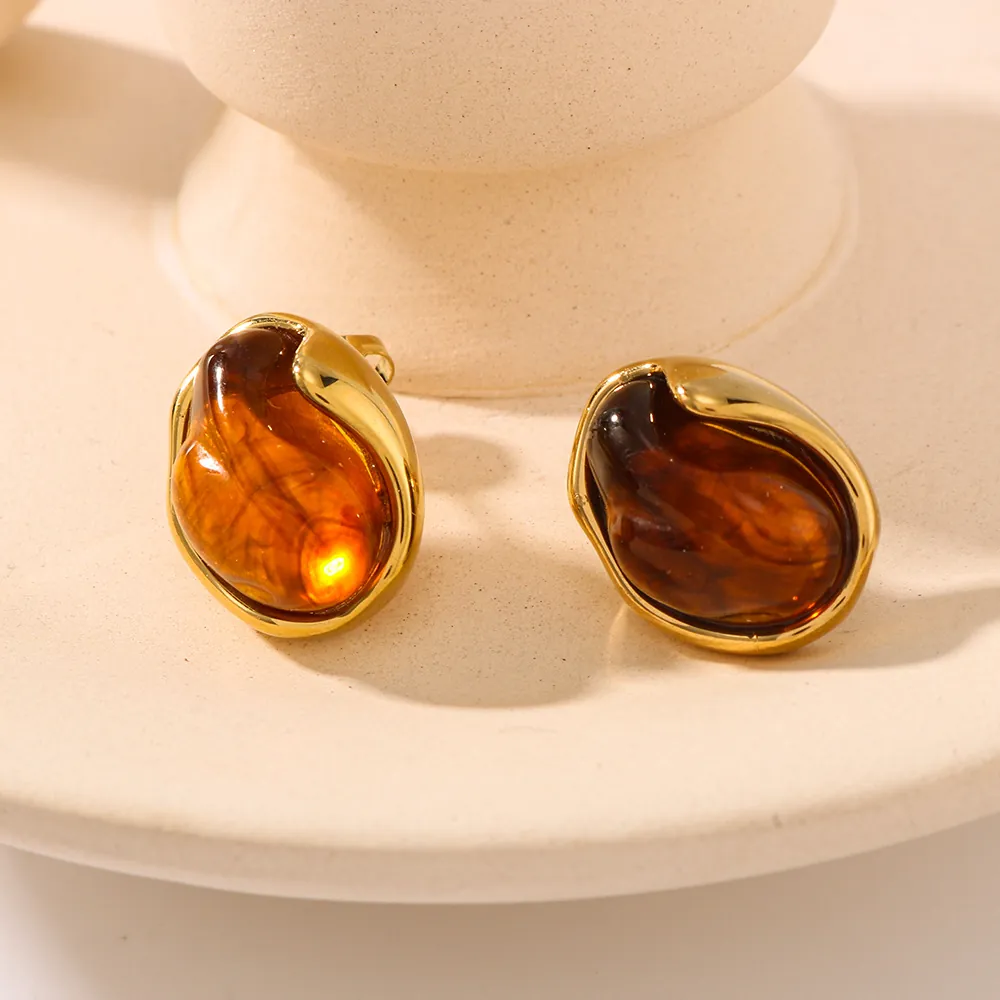 Vintage Round Amber Resin Stud Earrings 18K Gold Plated Stainless Steel Irregular Geometric Jewelry For Women