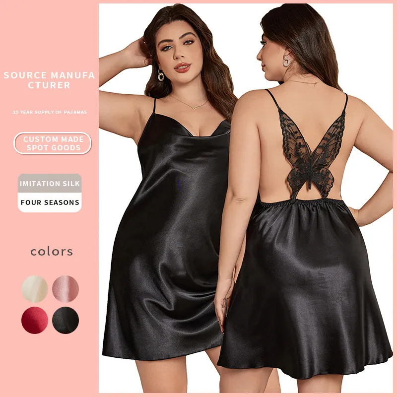 Plus Size Women Nightgown Imitation Satin Satin Cowl Neck Backless Sexy Sleepwear Butterfly Lace Embroidery Slip Dress