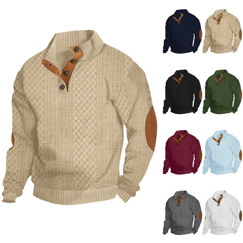 Men's Casual Jacquard Knit Sweatshirt Long Sleeve Pullover With Faux Leather Elbow Patches Warm Winter Top For Everyday Wear