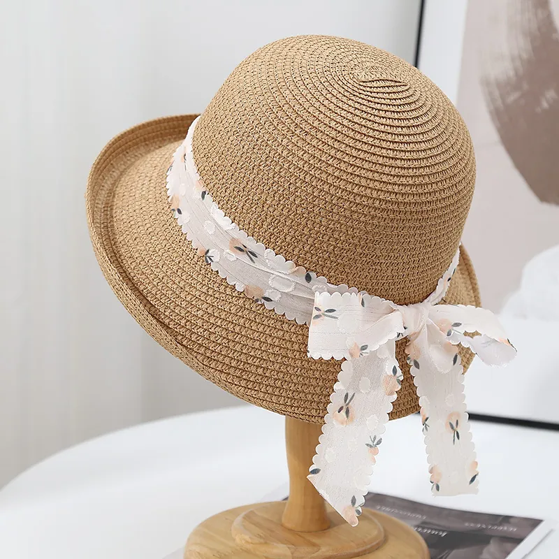 Cappello Da Sole In Paglia Intrecciata Da Donna Elegante Stile Francese Fiocco In Chiffon Floreale Traspirante Estate