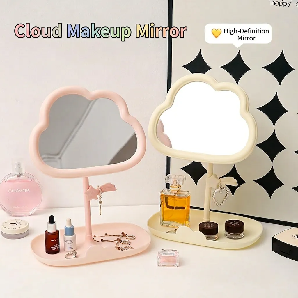 Wolkenförmiger Make-Up Spiegel Mit Ablageschale Desktop Rotierender Schminkspiegel Schmuckhaken Süße Ästhetik Kunststoff Glas
