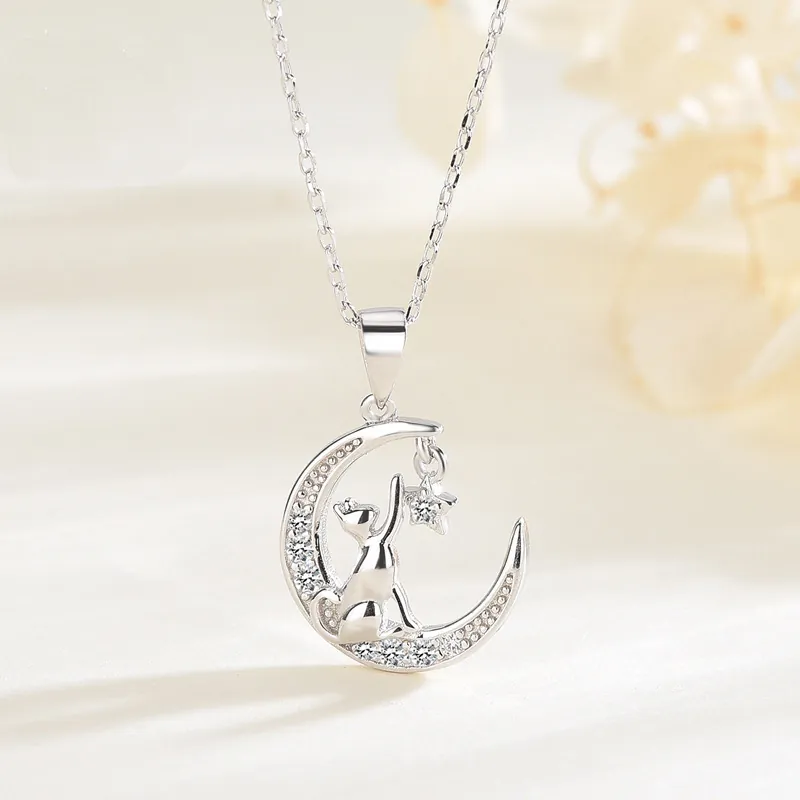 Moon Cat Star Pendant Necklace 925 Sterling Silver With Zircon Simple Elegant Jewelry For Women