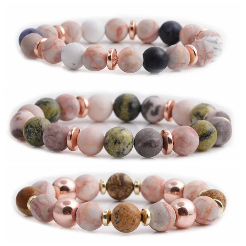 Bracciale Di Perle In Pietra Naturale Con Distanziatori In Lega Oro Rosa Pink Zebra White Howlite Elastico Uomo