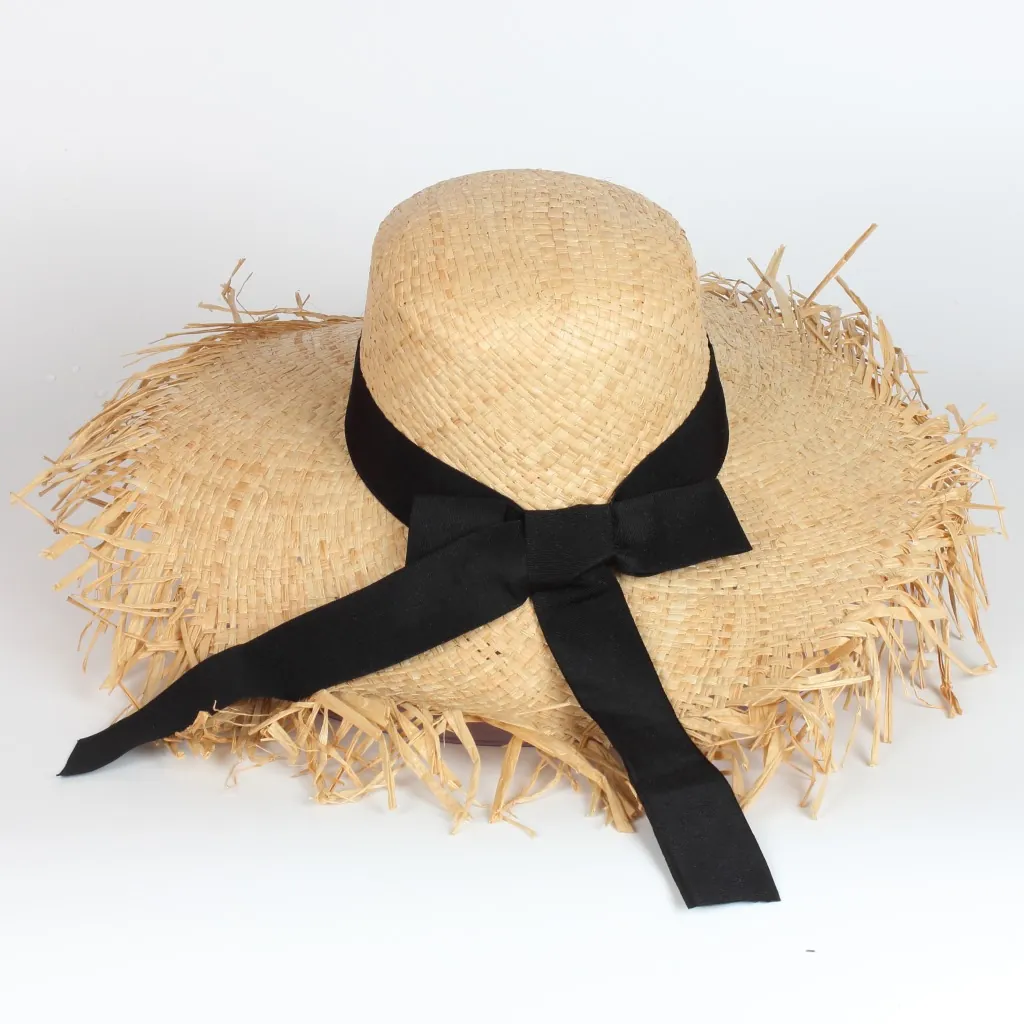 Raffia Straw Sun Hat Wide Brim Frayed Edge Black Ribbon Bow French Hepburn Style Beach Vacation For Women
