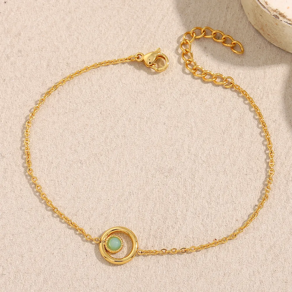 Minimalist Bracelet Stainless Steel 18K Gold Plated Natural Green Stone Geometric Round Pendant Adjustable Jewelry For Women
