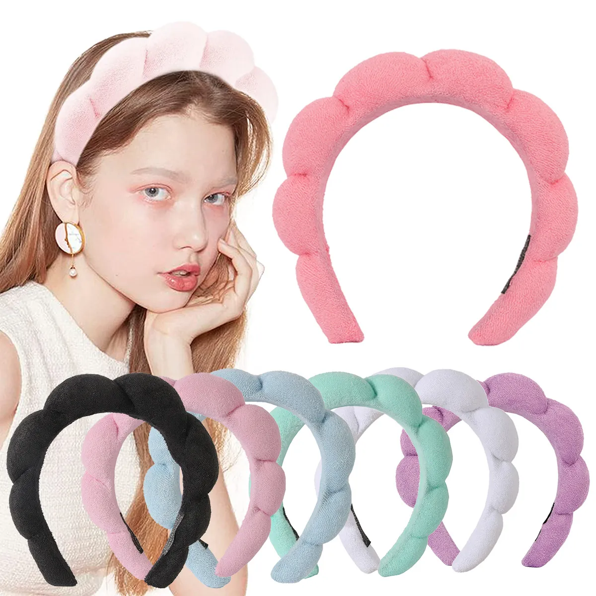 Padded Sponge Headband Velvet Towel Cloth Face Washing Makeup Skincare Cloud Bubble Braided Hair Band Wristbands Women