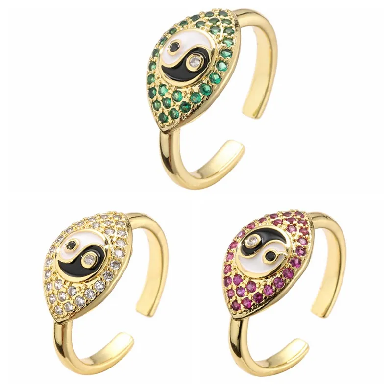 Anello Tai Chi Yin Yang Rame Micro Pavé Zirconi Regolabile Aperto Gioielli Vintage Moda Donna