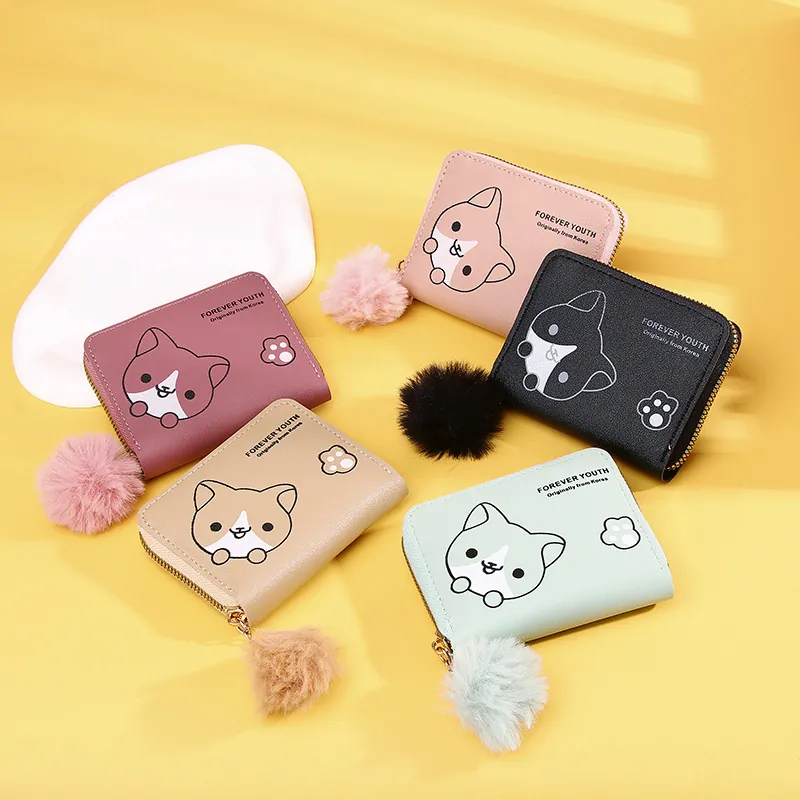 Women Short Wallet PU Leather Zipper Coin Purse Cartoon Animal Print Fur Ball Pendant Student Card Holder
