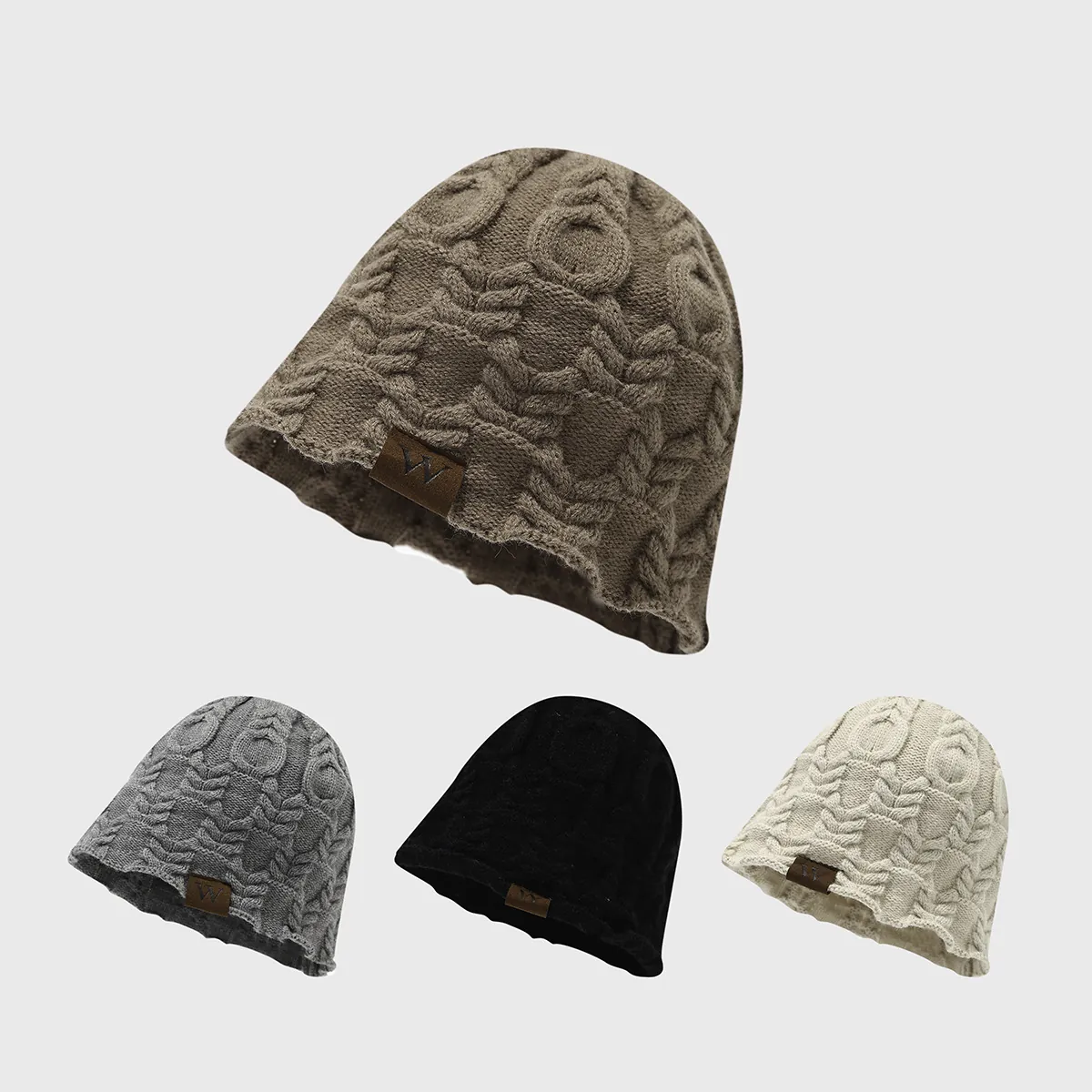 Bonnet En Tricot Acrylique Chaud Hiver Vintage Torsadé Slouchy Bonnet Avec Étiquette En Cuir Pour Unisexe