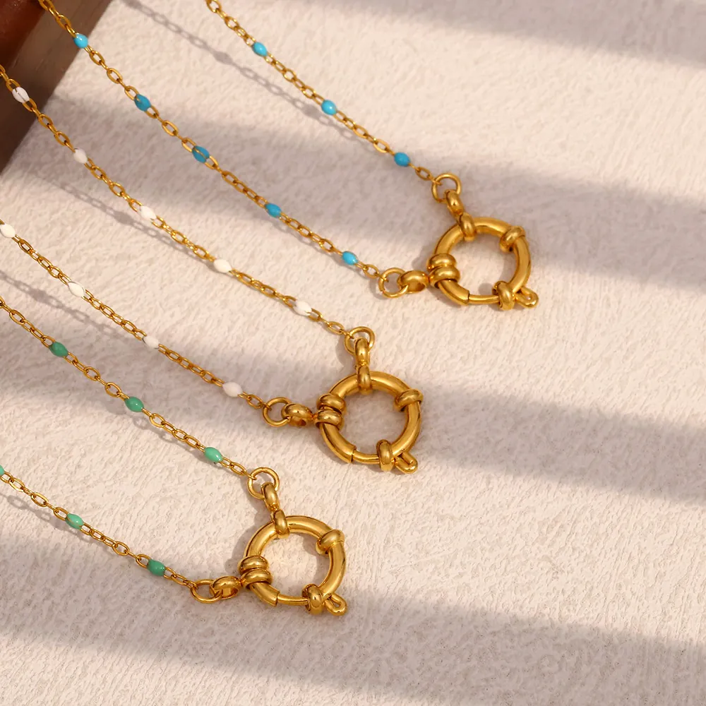 Bohemian Pendant Necklace 18K Gold Plated Stainless Steel Enamel Beads Round Spring Clasp Elegant Fashion Jewelry Women