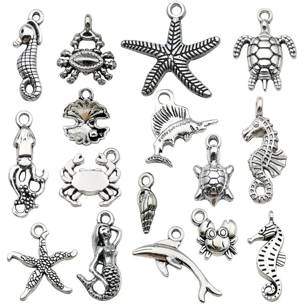 Alloy Ocean Animal Charms Seahorse Starfish Turtle Shell DIY Jewelry Making Accessories Antique Silver Pendants For Bracelet Necklace