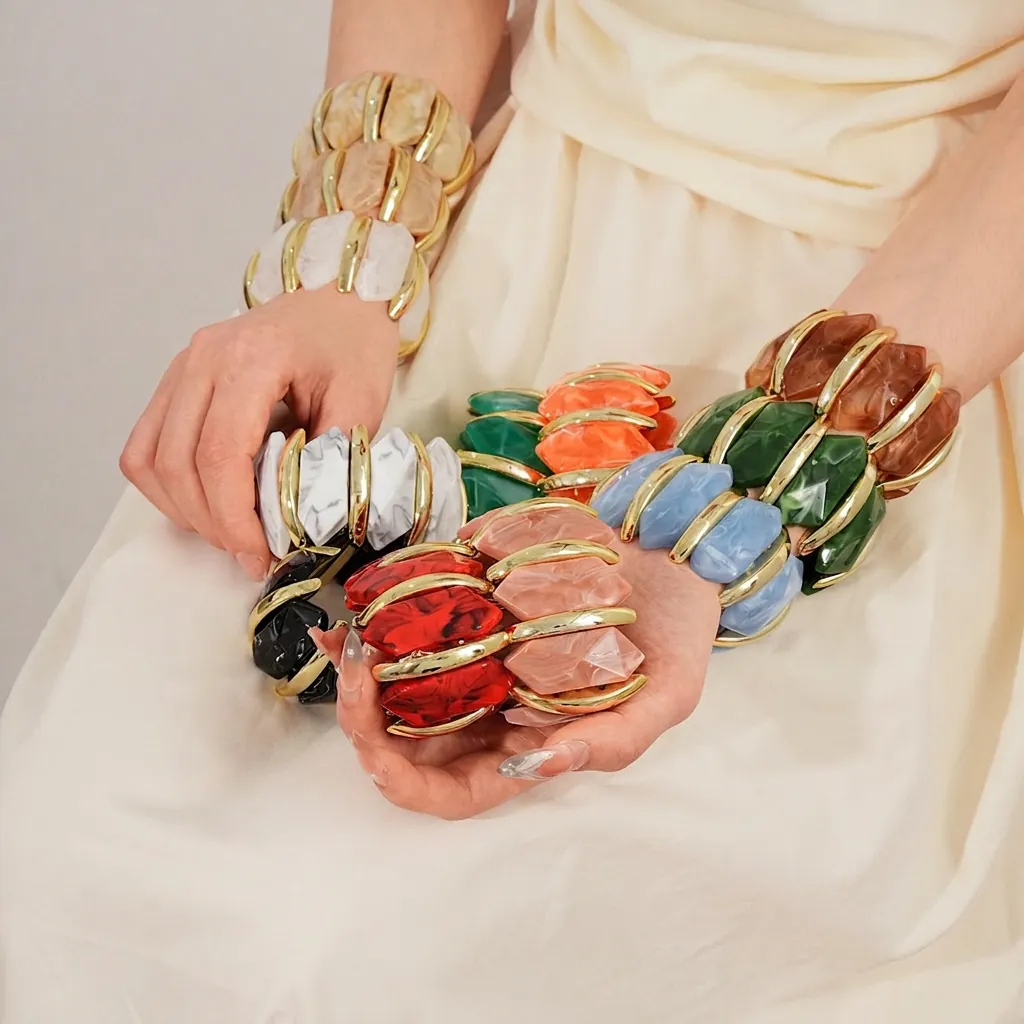 Bracelet Élastique Géométrique Épais Résine Acrylique Texture Marbre Alliage Jonc Bijoux Bohèmes Rétro Pour Femmes