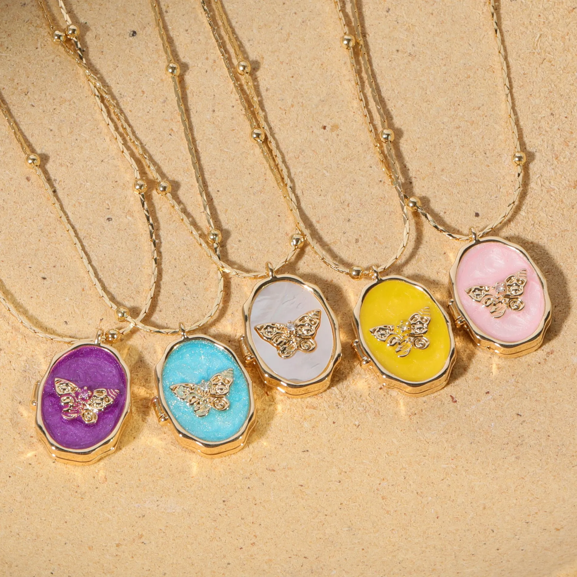 Vintage Schmetterling Medaillon Halskette Öffnbarer Fotorahmen Perlmutt Einlage Kupfer Vergoldet Schmuck Für Frauen