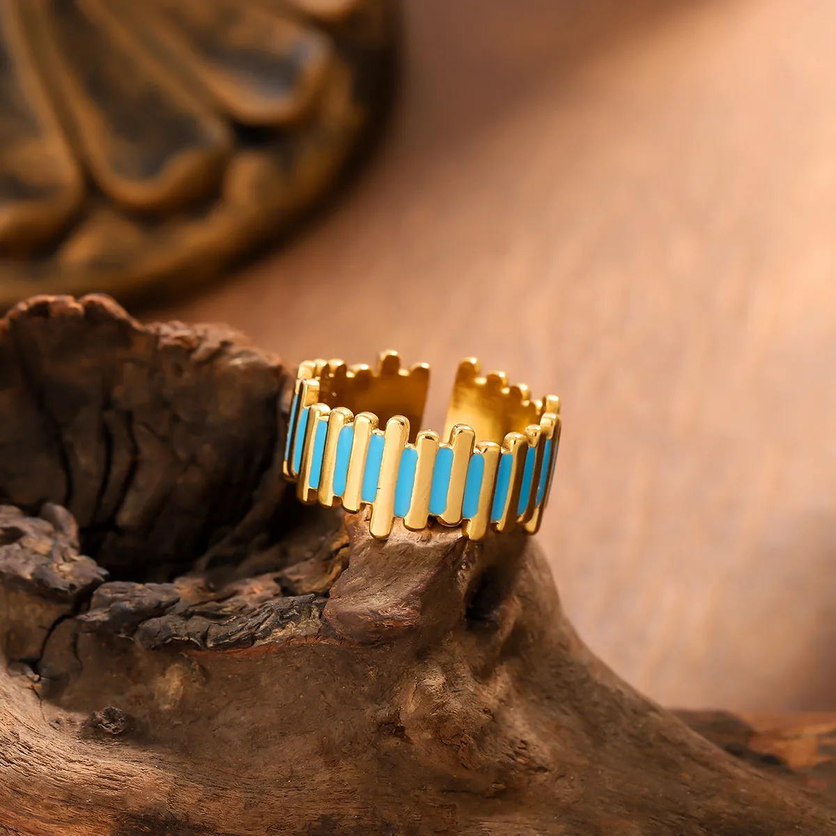 18K Gold Plated Stainless Steel Open Ring With Blue Enamel Vertical Stripes Irregular Gear Edge Adjustable Retro Jewelry