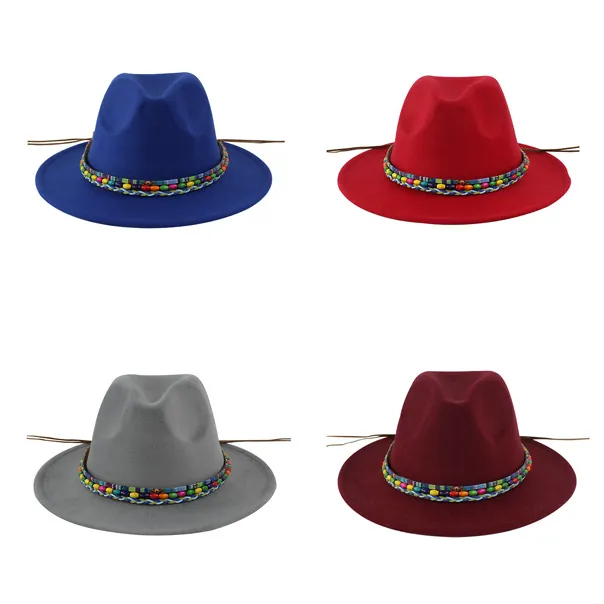 Fedora Hat Polyester Felt Wide Brim With Colorful Beads Ethnic Woven Band Bohemian Style Jazz Hat For Women Men