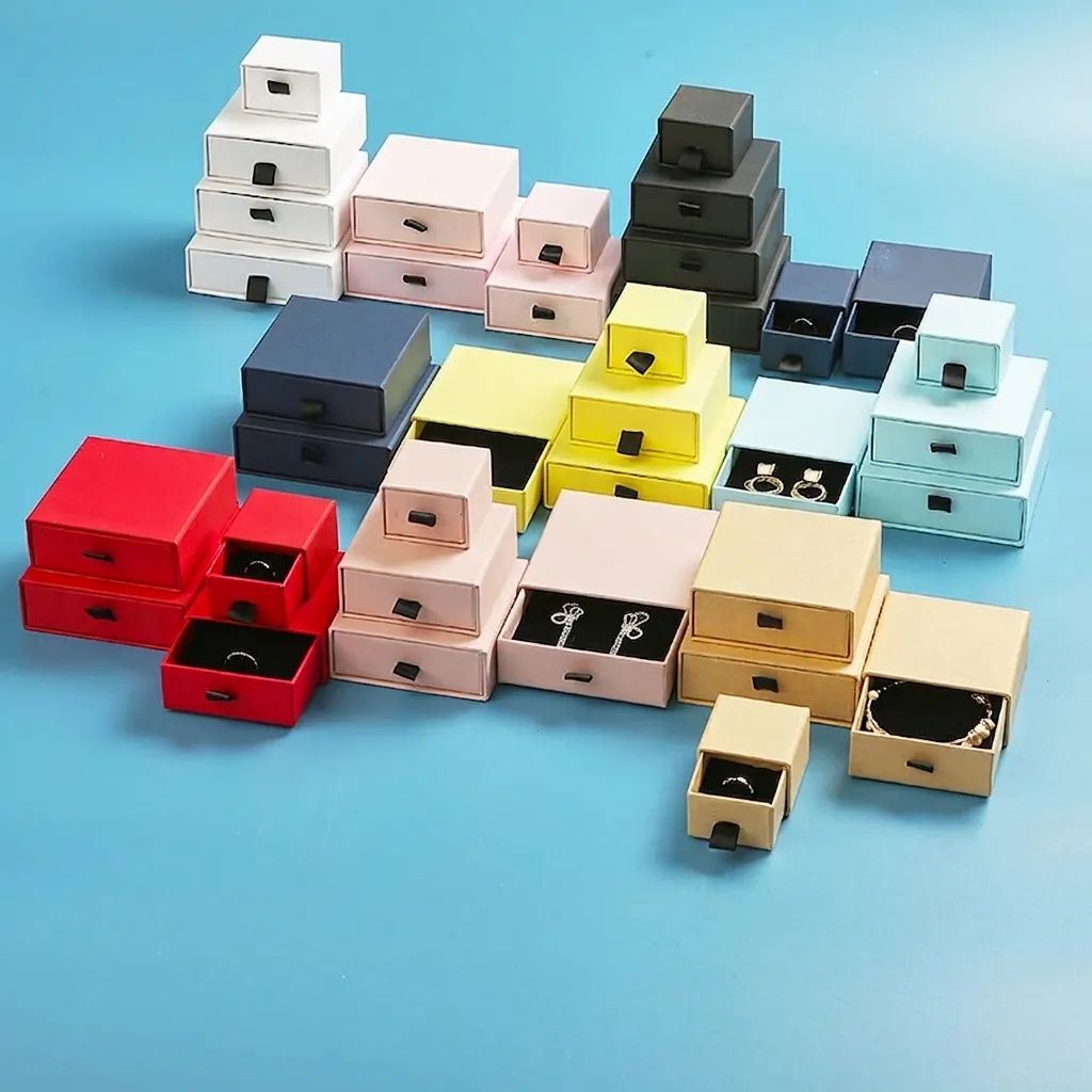 Jewelry Box Cardboard Drawer Style Gift Packaging With Ribbon Pull And Sponge Insert For Earring Necklace Storage Case