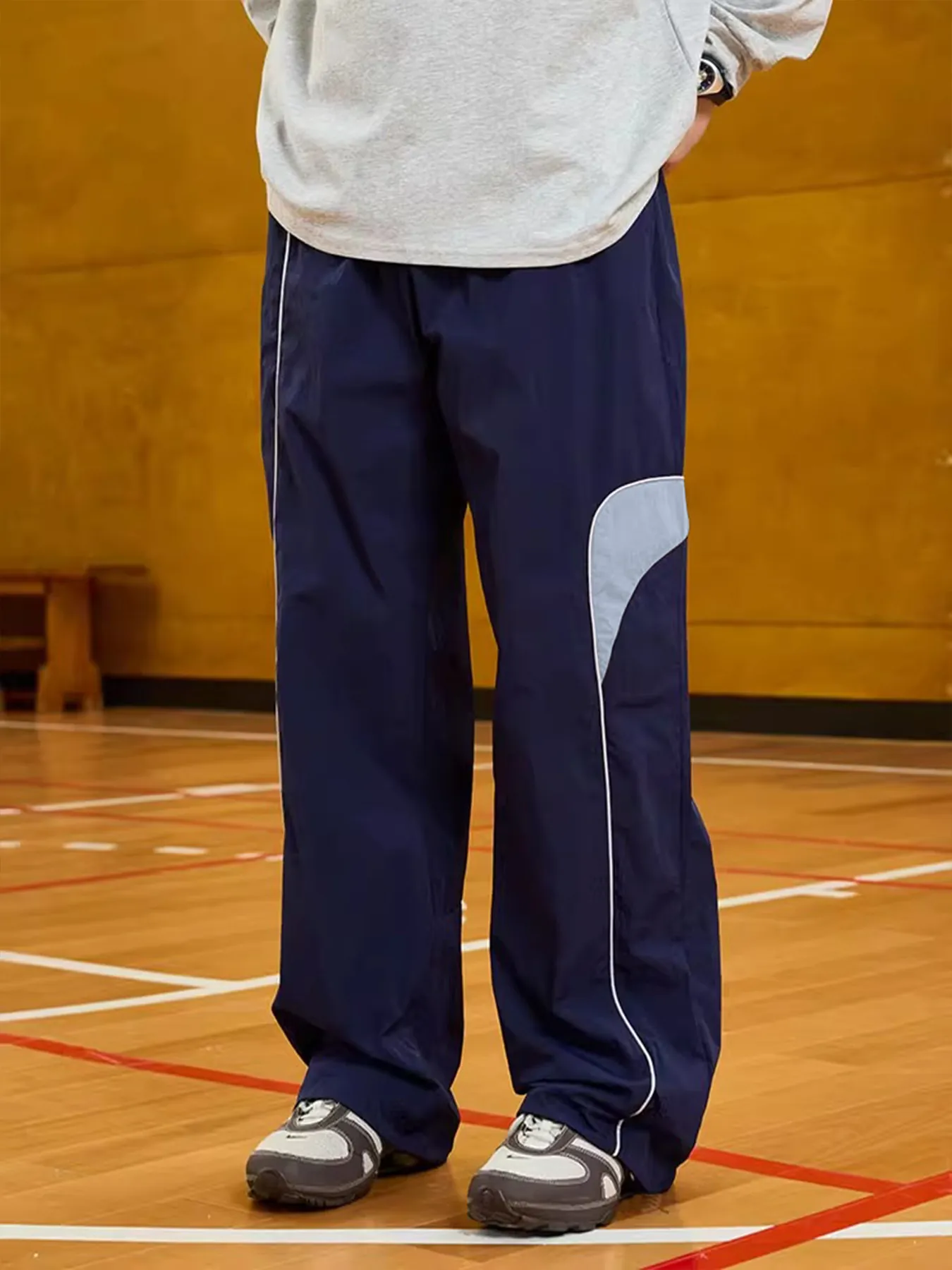 Men Loose Casual Pants Navy Blue Contrast Patchwork Straight Leg Drawstring Elastic Sweatpants Japanese Streetwear