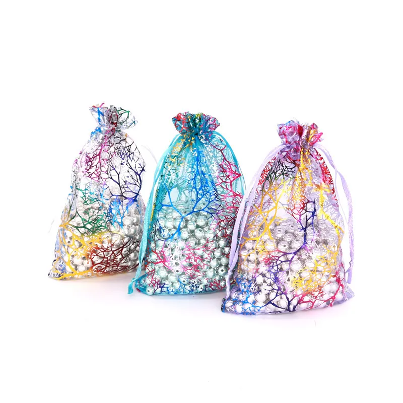 Colorful Coral Branch Pattern Organza Drawstring Bags Jewelry Packaging Gift Pouches For Wedding Party Favor Candy