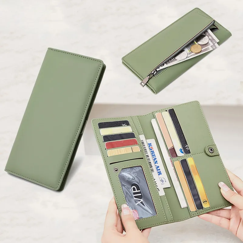 Portefeuille Long Femme Cuir PU Protection RFID Mince Porte-Cartes Poche Monnaie Fermeture Éclair Pochette