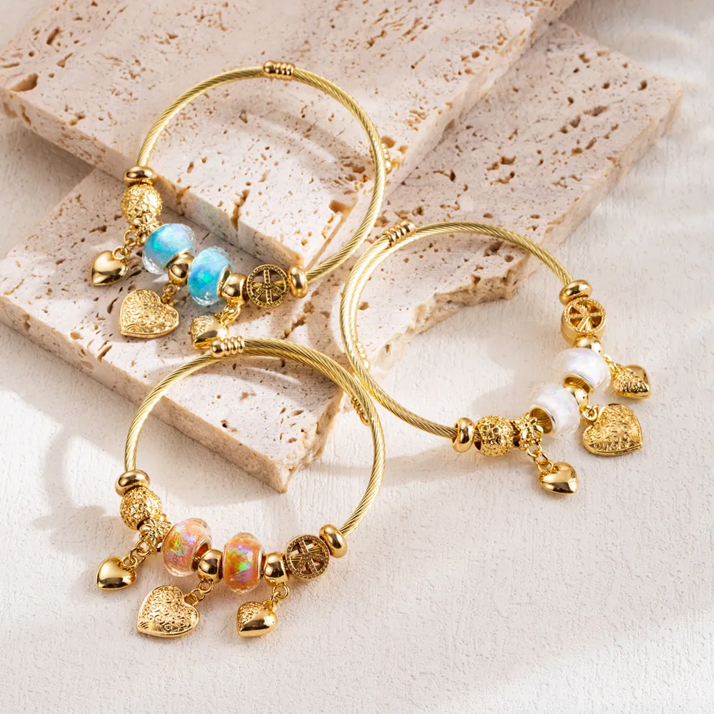 Fashion Heart Pendant Beaded Bracelet Stainless Steel Alloy Adjustable Colorful Beads Bangle For Women Pandora Style Jewelry