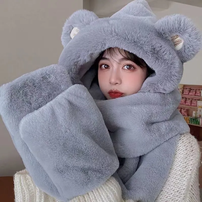 Plush Faux Fur Hooded Hat Scarf And Gloves Combination Winter Thick Warm Cute Bear Ears Antlers For Women Girls