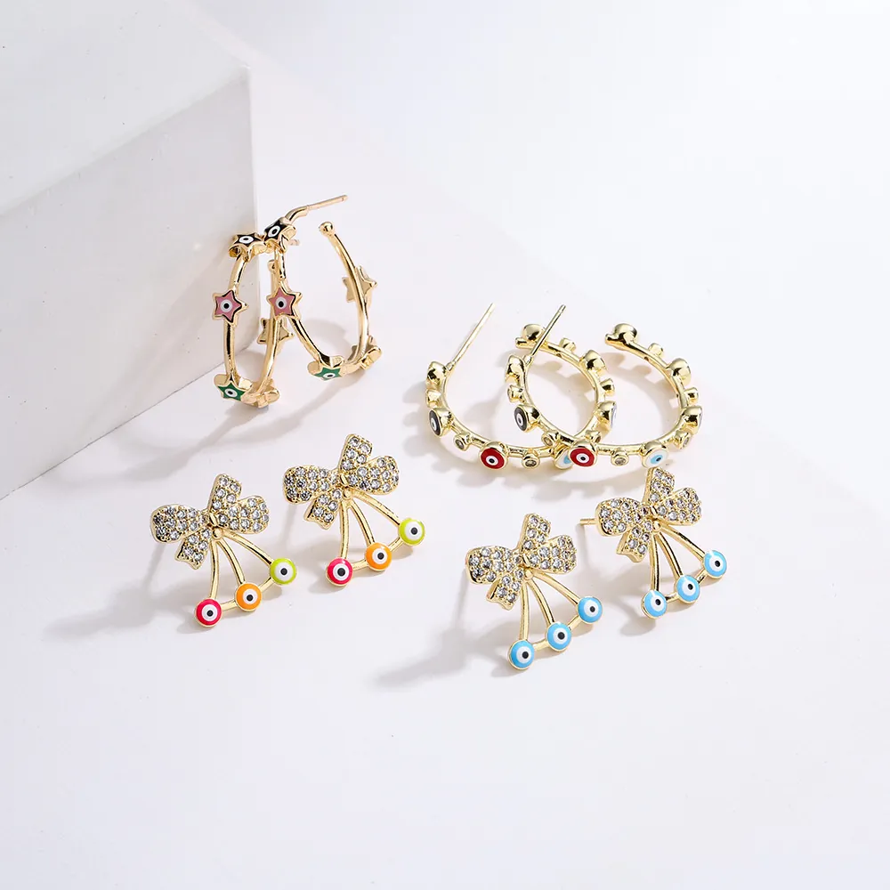 Evil Eye Bowknot Stud Earrings 18K Gold Plated Copper Micro Inlaid Zircon Colorful Enamel Geometric Hoop Jewelry For Women