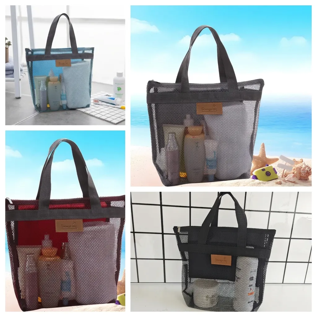Borsa Da Toilette In Rete Portatile Custodia Da Viaggio Traspirante In Nylon Con Manico Cerniera Per Bagno Spiaggia All'aperto