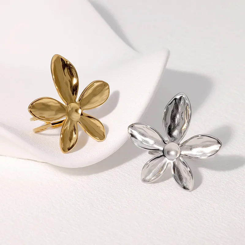 Bague Fleur Ajustable Minimaliste Acier Inoxydable Plaqué Or Texture Martelée Bijoux Esthétiques Pour Femmes
