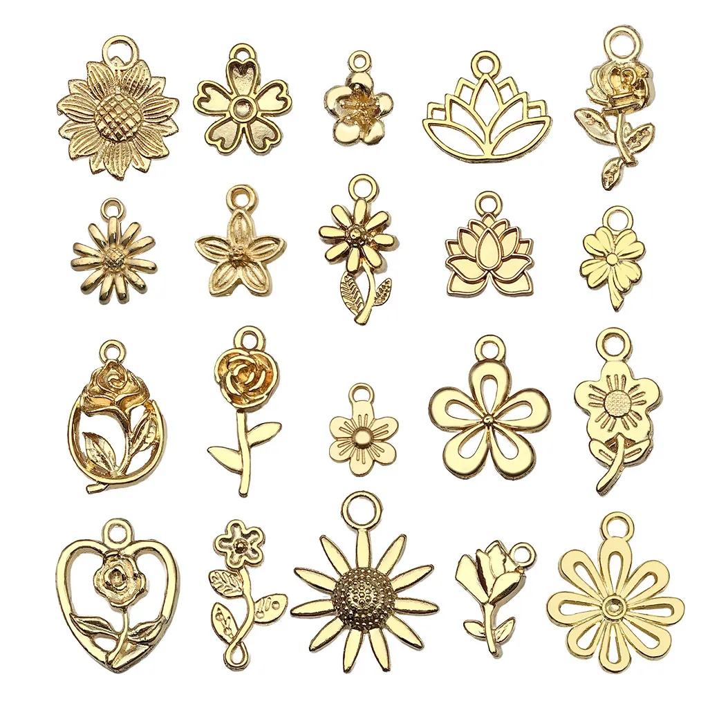 Zinc Alloy Flower Pendants Sunflower Rose Lotus Shape Jewelry Making Accessories For DIY Necklace Bracelet Craft Supplies Gold Silver Antique Tones
