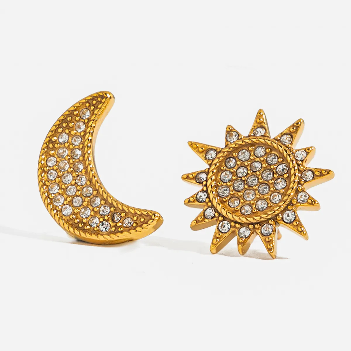 Asymmetric Sun And Moon Stud Earrings 18K Gold Plated Stainless Steel With Sparkling Zircon Celestial Jewelry For Women