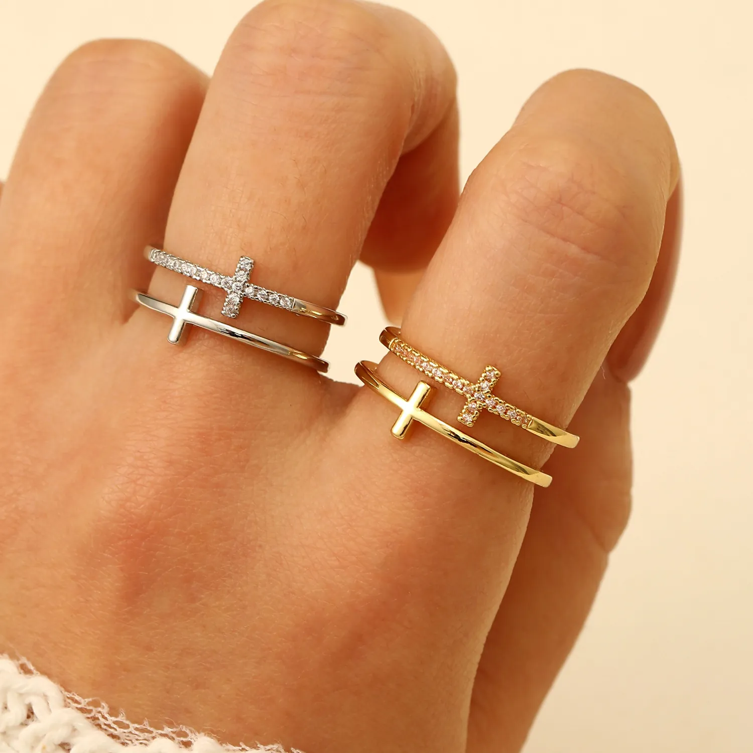 Adjustable Open Rings For Women Copper Alloy Cross Heart Flower Zirconia Luxury Minimalist Elegant Aesthetic Jewelry