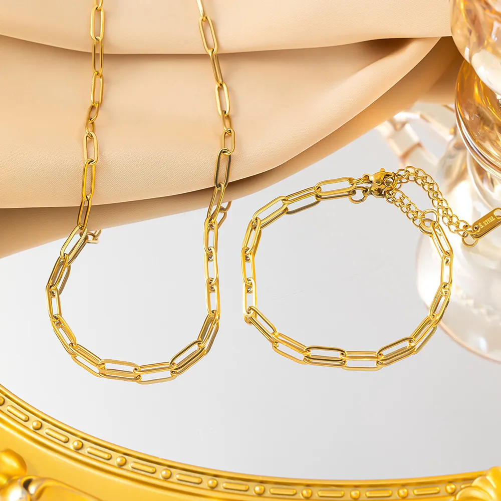Collana E Bracciale A Catena A Graffetta In Acciaio Inossidabile Placcato Oro 18K Gioielli Hip Hop Geometrici Minimalisti