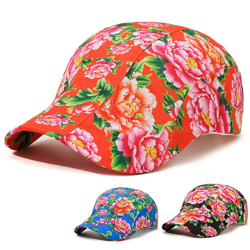 Peony Floral Print Flat Cap Polyester Breathable Adjustable Outdoor Ethnic Style Ivy Hat Women Men