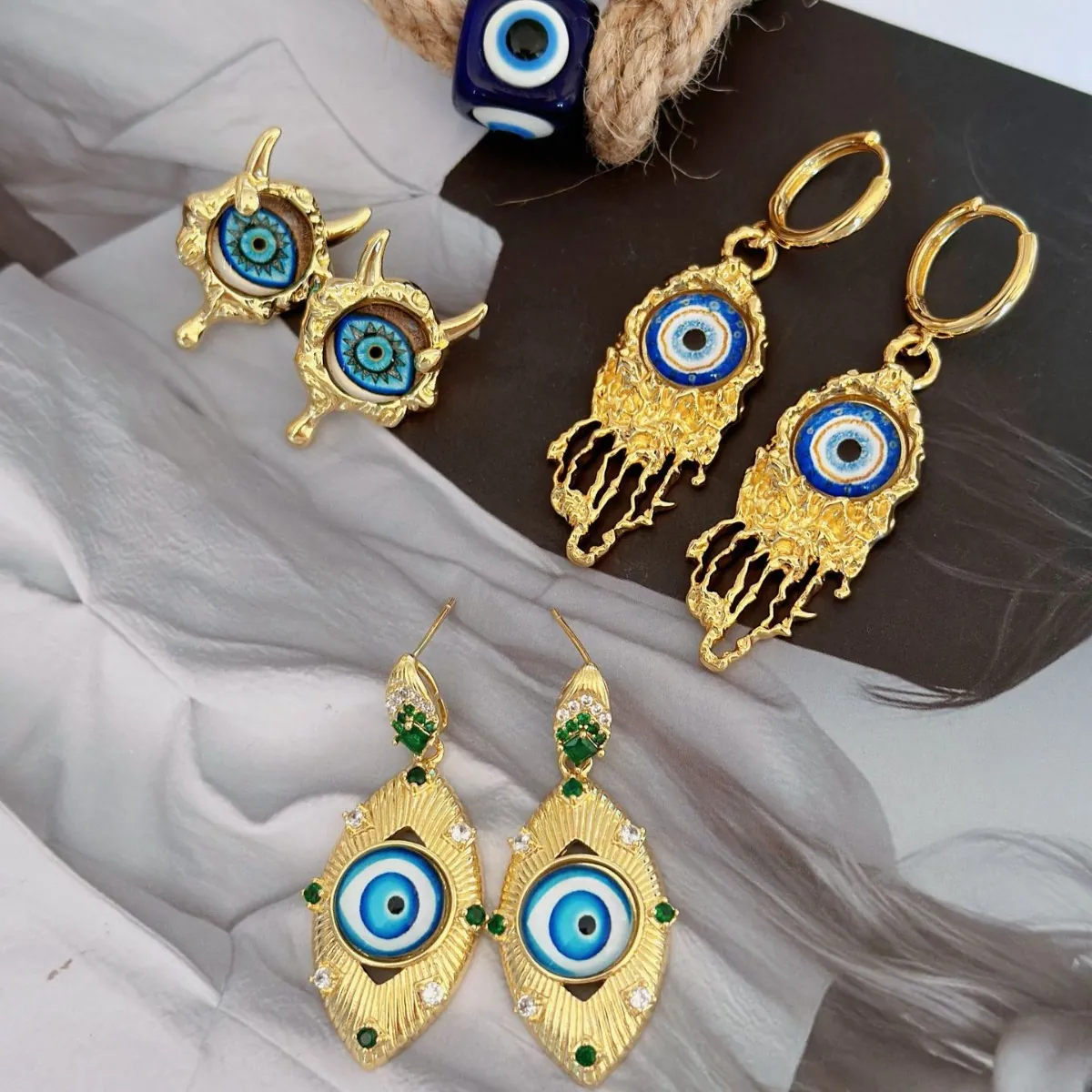 Orecchini a Pendente in Rame Malocchio Etnico Vintage Retrò Placcato Oro Smalto Strass Orecchini Geometrici per Donna Regalo