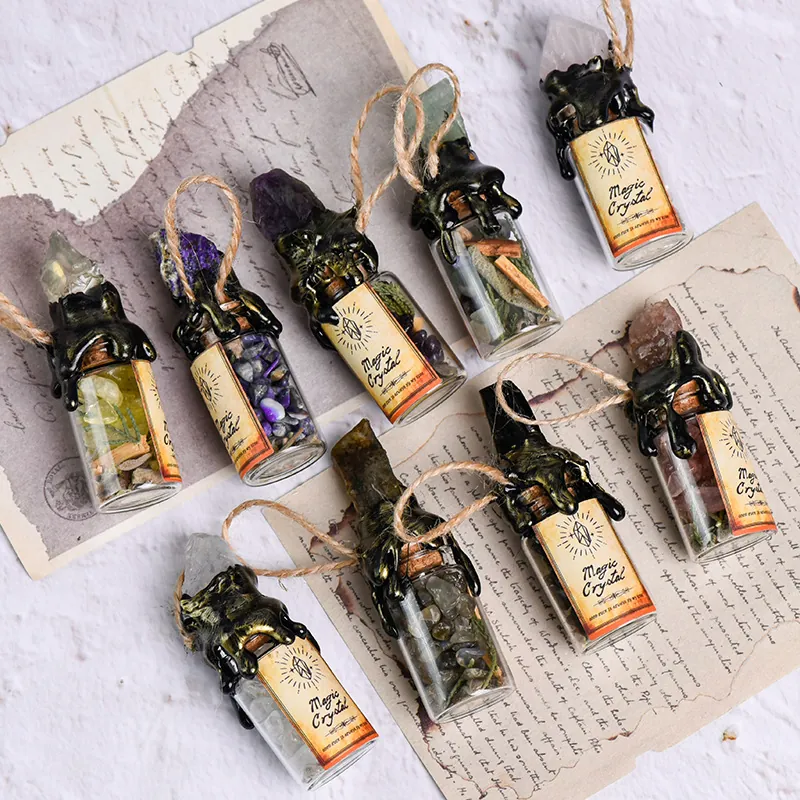 Magische Kristal Wensfles Natuursteen Amethist Ruwe Edelsteen Wax Verzegelde Glazen Pot Hennep Touw Vintage Heksen Decor