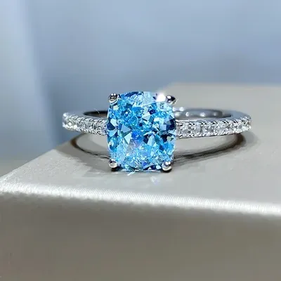 Elegant Square Blue Zirconia Open Ring For Women Copper Silver Plated Adjustable Minimalist Geometric Finger Ring Fashion Jewelry Gift