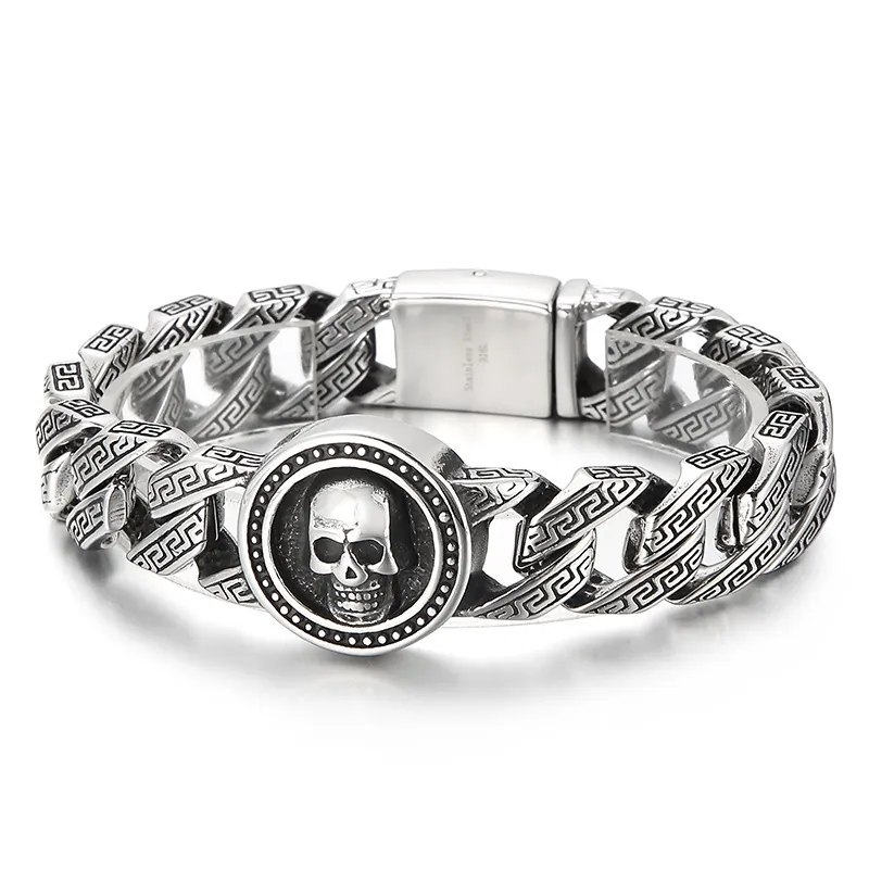 Men Bracelet 316L Stainless Steel Skull Charm Greek Key Pattern Cuban Link Chain Hip Hop Punk Vintage Jewelry