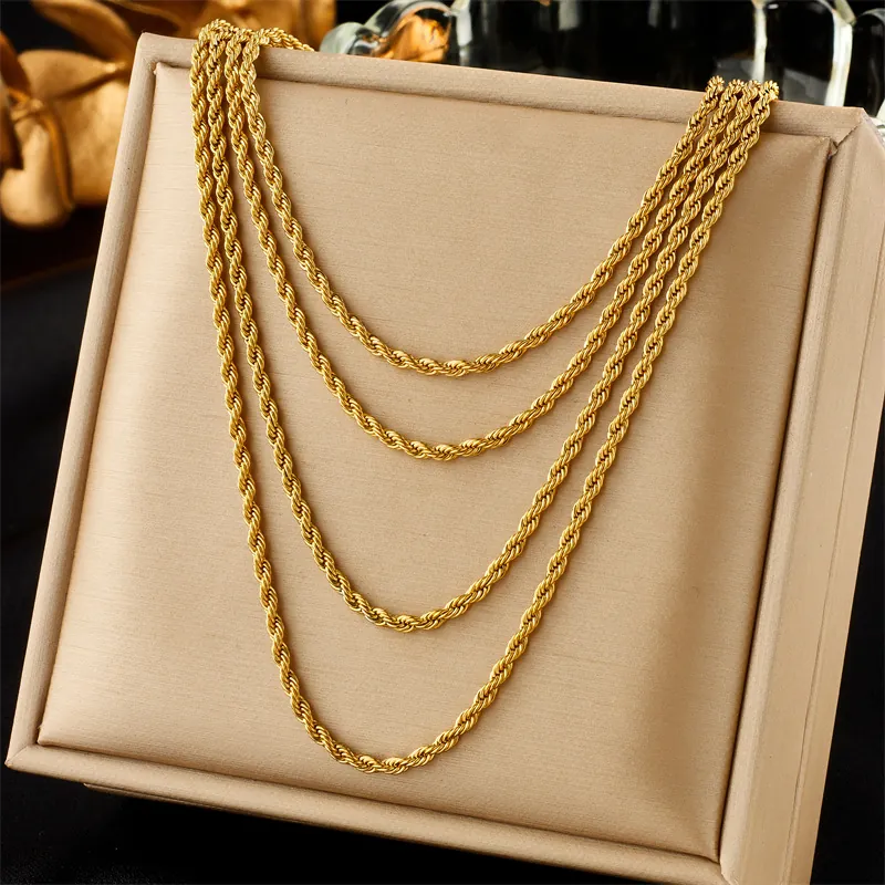 Women Titanium Steel Layered Rope Chain Necklace Gold Plated Punk Hip Hop Retro Multi Layer Stackable Twist Statement Jewelry
