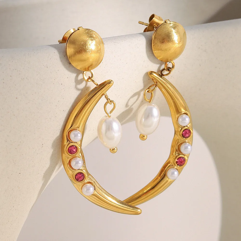 Crescent Moon Stud Earrings 18K Gold Plated Stainless Steel With Artificial Pearl And Zircon Dangle Elegant Vintage For Women