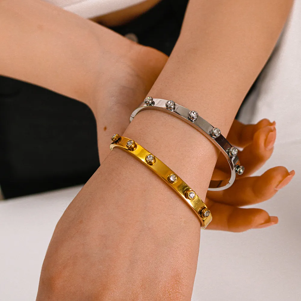 Bangle Bracelet Stainless Steel 18K Gold Plated Round Zirconia Hinged Minimalist Jewelry For Women Non-Tarnish