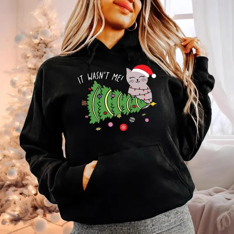 Sweat à Capuche Chat De Noël Imprimé Graphique Drôle It Wasnt Me Pull À Manches Longues Doublé Polaire Homme