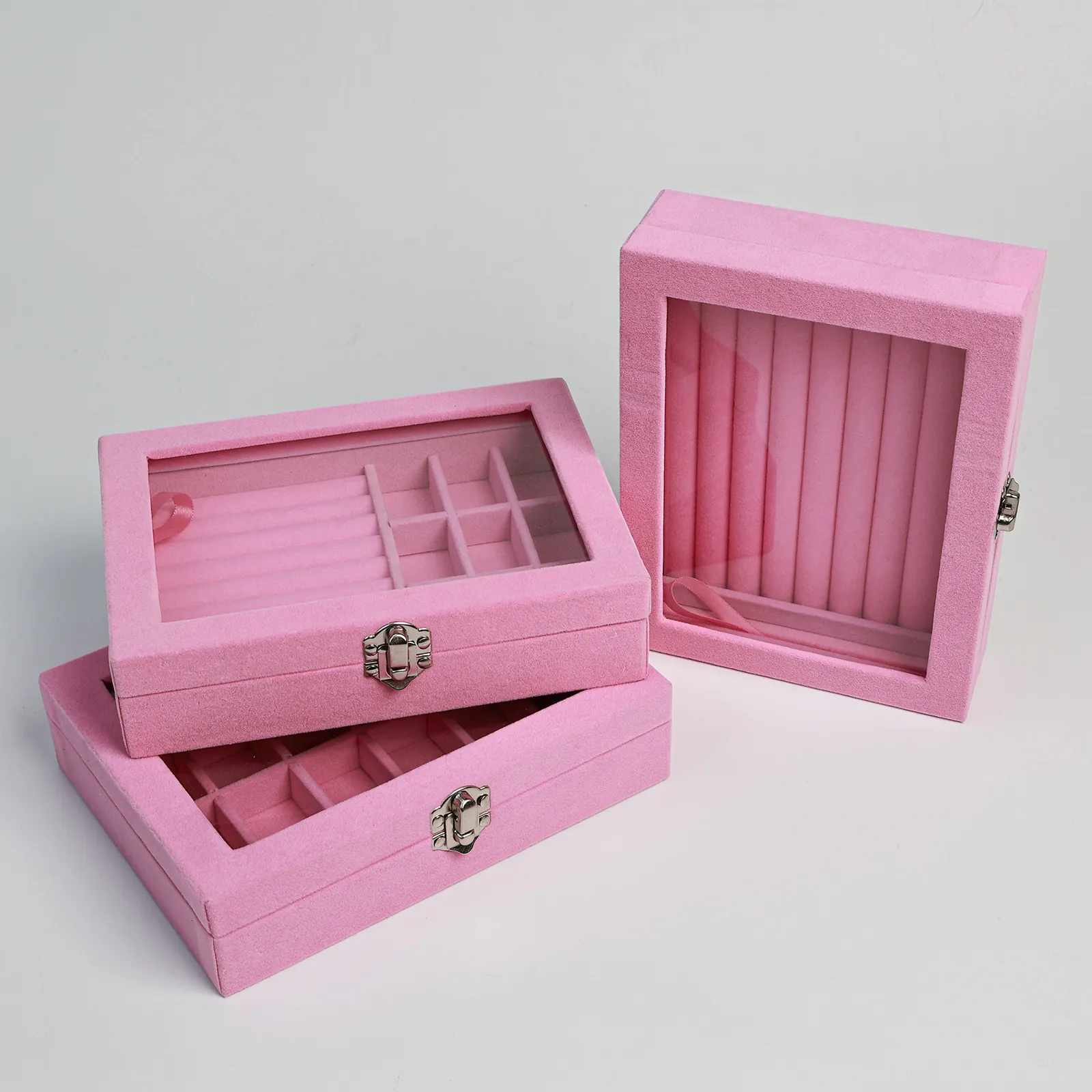 Scatola Portagioie In Velluto Rosa Con Coperchio In Vetro Trasparente Grande Capacità Per Anelli Orecchini Bracciali Serratura Metallo
